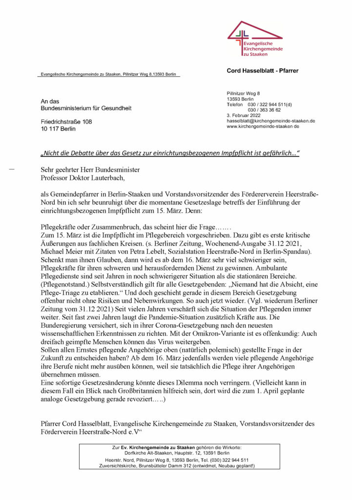 Protestbrief von Pfarrer Cord Hasselblatt zur einrichtungsbezogenen Impfpflicht