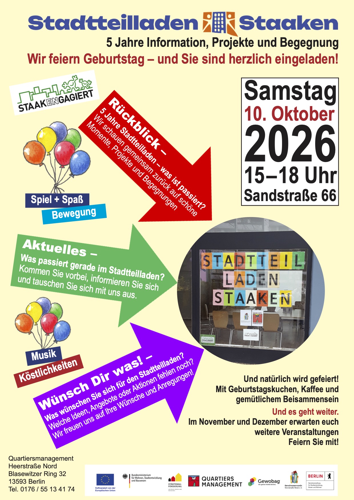 2026_Plakat_5 Jahre Stadtteilladen 5 Jahre Stadtteilladen Staaken in Spandau. Plakat zur Feier des 5 jährigen bestehens.