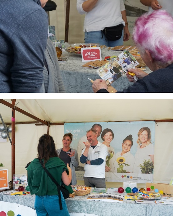 Social Media Vorlage 3:4 - 5 Eine Bildkollage zweier Bilder. Im unteren Bild sehen wir ein ausgelassenes Gespräch am Stand, eine Momentaufnahme. Im oberen Bild sehen wir den Stand vom FÖV-Verbund an dem sich eine ältere Damen gerade einen Flyer anschaut.