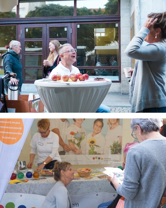 Bildkollage von Gesprächen während der Veranstaltung Eine Bildkollage zweier Bilder. Im oberen Bild sehen wir ein ausgelassenes Gespräch, eine Momentaufnahme. Im unteren Bild sehen wir den Stand vom FÖV-Verbund an dem sich eine ältere Damen gerade infomiert.